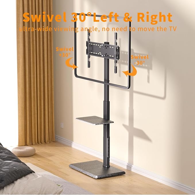 Afaloona Universal Floor TV Stand, TV Floor Mount Stand with Power Outlet & Removable Shelf for 32-75 inch TV up to 110 lbs, Swivel and Height Adjustable Tall TV Stand for Bedroom(TCP01-2-M-A01)