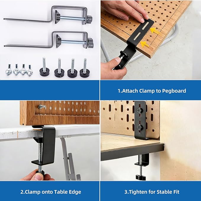 2 Pcs Desk Clamp, Heavy Duty Desk Mount Pegboard Fixing Bracket, Durable Home, Office & Gaming Desktop Accessories Brackets, Pegboard Organizer Metal Brackets, Black