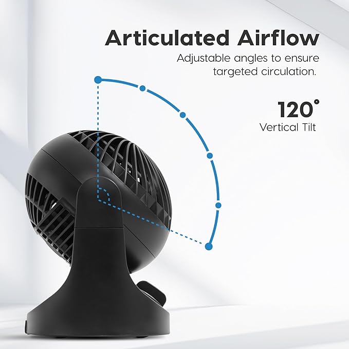 IRIS USA WOOZOO Mini Desk Fan, Air Circulator, 3 Speeds, 32ft Max Air Distance, 108ft² Coverage, 112° Adjustable Vertical Tilt, 27db Quiet Motor, Small Fan for Bedroom, Office, Dorm, Black (HE10N)