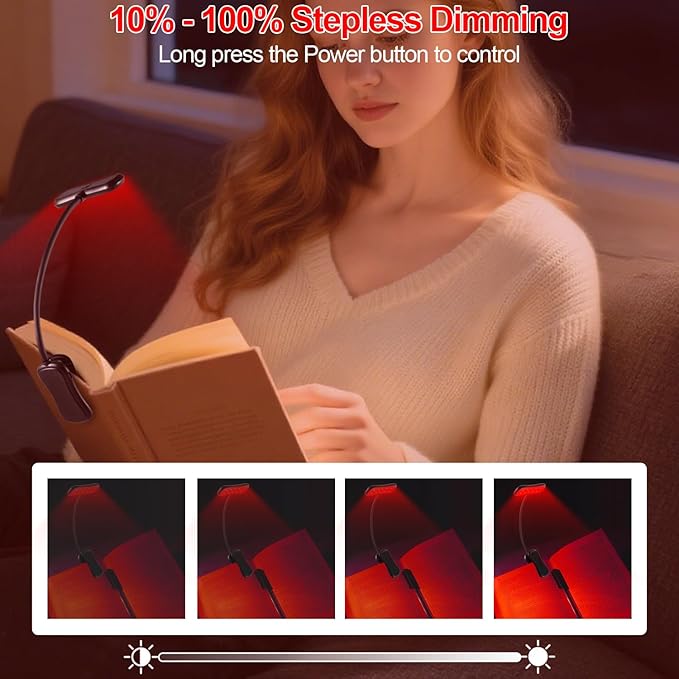 630nm Red Book Light - Zero Blue Light, Rechargeable Clip On Red Reading Light for Reading at Night, Poratble Dimmable LED Book Lamp, Perfect for Travel Nursing Studying