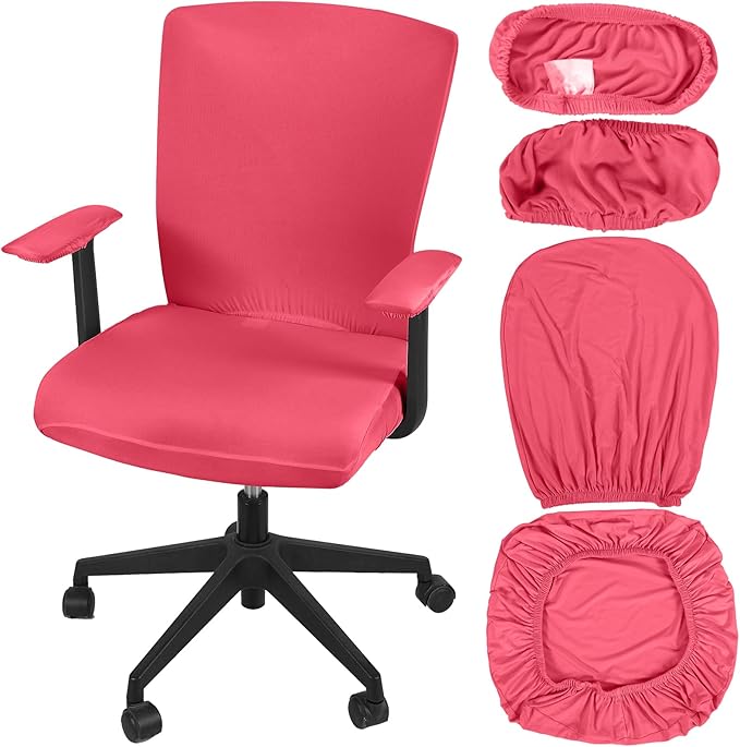 Tallew 4 Pcs Office Chair Covers Set Computer Universal Protective Stretchable Chair Seat Covers Desk Armrest Cover Pads Office Cushion Backrest for Rotating(Regular,Rose Red)