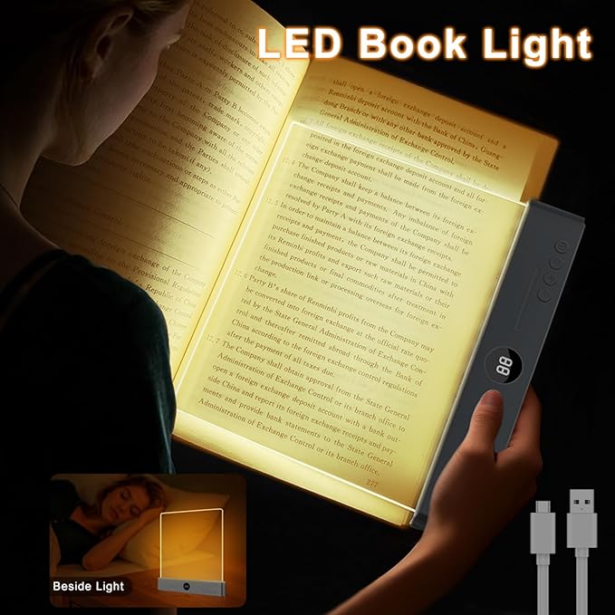 XL LED Reading Book Light Page, Eye-Caring Dimmable Lights for Books in Bed, 3 Color & Stepless Dimmable, USB Portable Flat Panel Lamp Page, Night Light for Kids & Adults (Matte White)