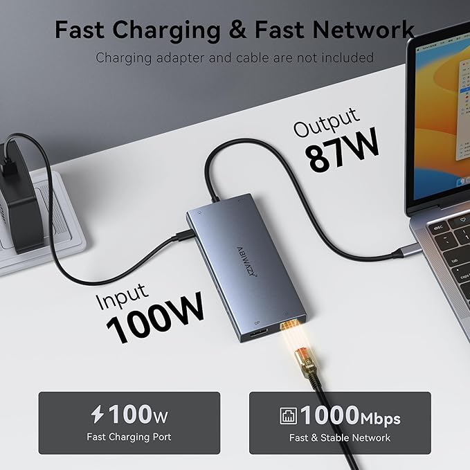 USB C Laptop Docking Station Dual Monitor, 15 in 1 Docking Station 3 Monitors with DP 8K, 2 HDMI 4K, 6 USB A/C Ports, 100W PD, Ethernet, Audio, SD/MicroSD, ABIWAZY USB C Hub for Dell/HP/Lenovo