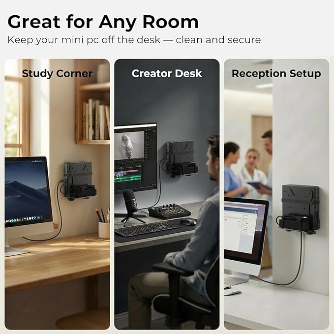 Yimaut Adjustable Mini PC Mount Bracket, VESA 75x75 & 100x100, Supports up to 12 lbs, Mount Behind Monitor, Under Desk, Wall or Stand Pole, Thin Client CPU Holder, Fits 0.63–2.76 in Wide
