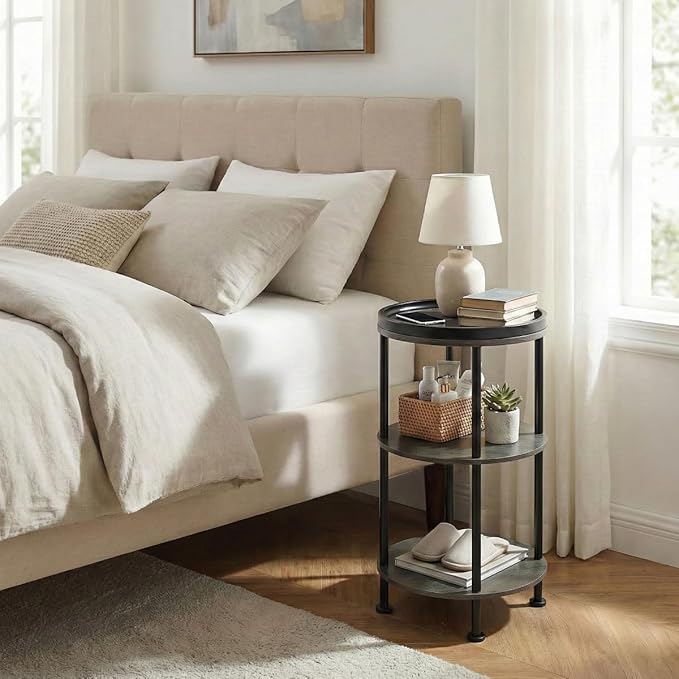 Small Round Side Table, Rustic Grey End Table with Tray Top, 3-Tier Greige Nightstand for Living Room & Bedroom, 11.8" Narrow Corner Table, 21.7" H Industrial Accent Furniture for Small Spaces, Grey