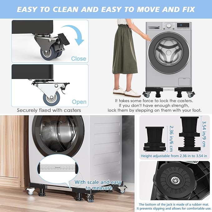 Mini Fridge Stand with 4 Locking Twin Wheels Washing Machine Stand Base 4 Strong Feet Adjustable Universal Mobile Roller Base for Furniture Portable Refrigerator Dryer Stand 45-65 cm(Black, 440LB)