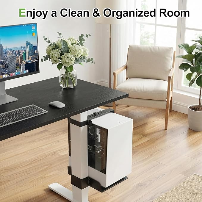 Clamp-On Under Desk PC Mount, No Drilling Adjustable Desk Leg Computer Mount Width Adjustable from 5.7" to 9.8", Holds Up to 40 lbs Heavy Duty PC Tower Stand for Under Desk, Fits 80mm×50mm Legs