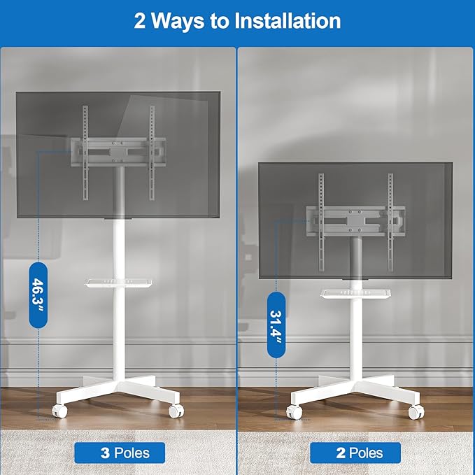 Mobile TV Stand for 23-65 Inch LCD LED Flat/Curved Panel Screen TVs, Height Adjustable Rolling TV Stand with Tilt Mount and Shelf, Portable Stand Holds up to 110 lbs, Max VESA 400x400mm, White