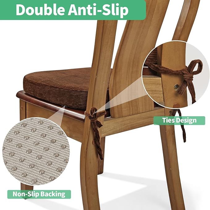2.5" Thick Chair Cushions for Dining Chair, Corduroy Foam Kitchen Chair Pads, U Shaped Indoor Seat Cushions with Ties & Non-Slip Backing, Removable Washable Cover, 17''x16.5'', Set of 4, Brown
