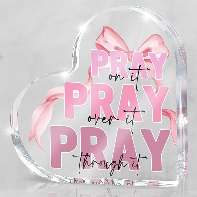 Pink Desk Decor, Bow Acrylic Heart Sign Decor Bathroom Bedroom, Christian Gift for Coworkers, Friends and Family, 4 Inch