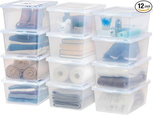 IRIS USA 12-Pack Storage Bins with Lids, 17 Quart, Shoe Boxes Clear Stackable Containers Organize Shoes Closet Shelves, Classroom Organization Teacher Tools, Game Storage - BPA-Free Plastic