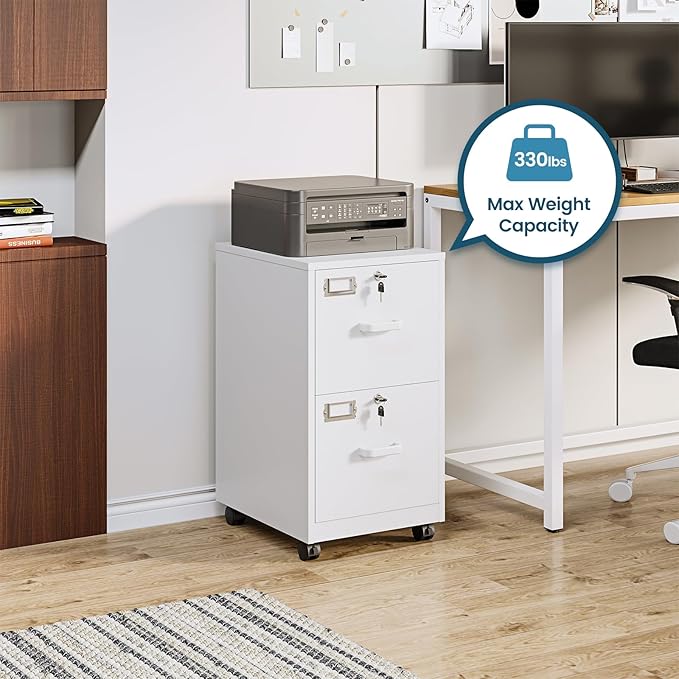 MIIIKO 2 Drawer File Cabinet with Lock, Metal Vertical Filing Cabinets for Home Office, Lockable File Storage Cabinets Under Desk, A4/Letter File Folders Storage-Assembly Required