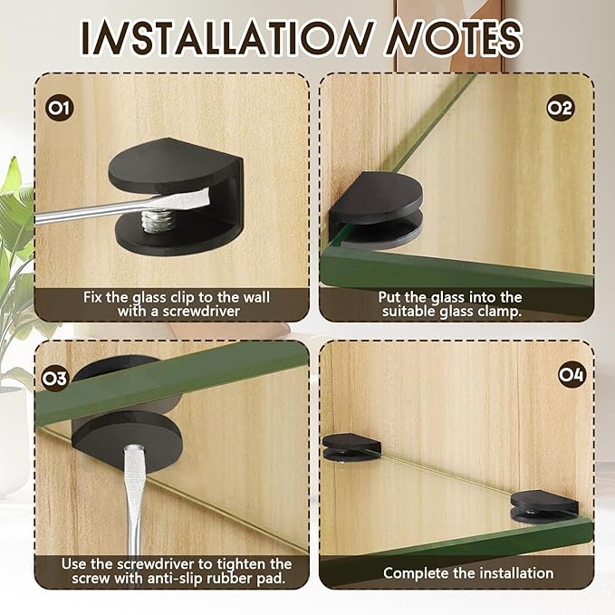Litoexpe 8pcs Adjustable Frameless Glass Shelf Bracket, Aluminum Alloy Shower Clamp Clip for 5-8mm Wood/Glass, Wall Mount Support Holder With Mounting Screws, Matte Black
