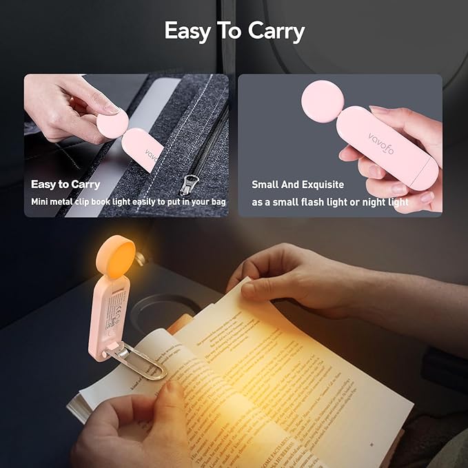 VAVOFO USB Rechargeable Book Light, Blue Lighting Blocking, Amber Light Clip On Bookmark Shaped 6 LEDs Reading Light, Eye Care for Bookworms Reading in Bed with 9 Lighting Modes (Light Pink)