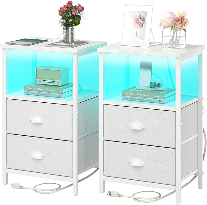 sthmec Nightstand with Charging Station, LED Night Stand Set 2, Bedside Table End Tables Set of 2, Bedroom Tables with 2 Fabric Drawers PU Finish, 3-Tier Storage Side Table for Bedroom,White