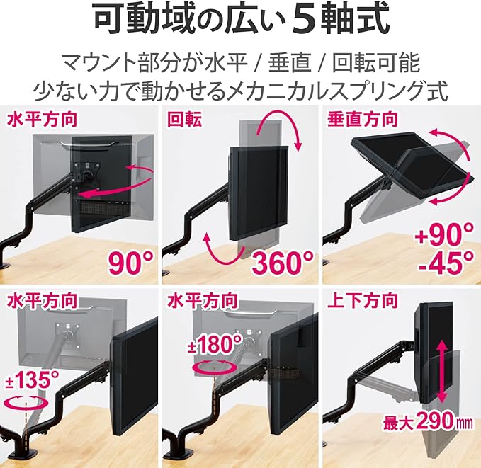 Elecom DPA-DL05BK Monitor Arm, Display Arm, Long, Spring Type, Load Capacity: Approx. 4.4-17.6 lbs (2-8 kg) x 2, Black