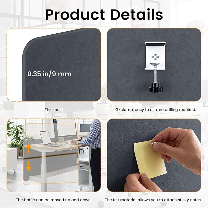 Desk Divider, Clamp On Felt Desk Privacy Panels, Acoustic Sound Absorbing Desk Partition for Office Desk, Reduce Distractions, Dark Gray, 1 Pack, 24 x 48 in