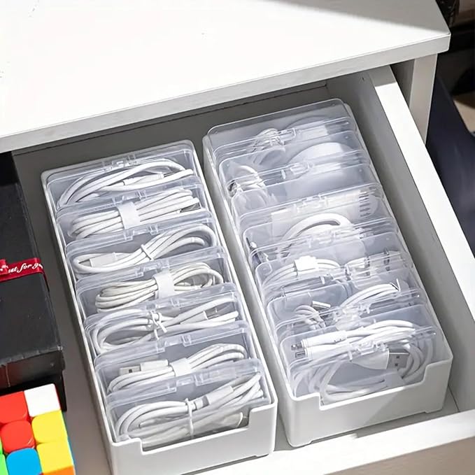 Cable Organizer Storage Box with 7 Wire Ties and Label Stickers,Desktop Cable Management Box with Switch, Power Cord Organizer for Office,Home,Desk Accessories Storage Stationery Supplies（Clear）