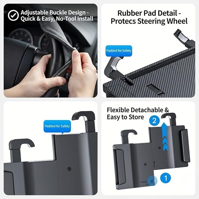 2 in 1 Car Steering Wheel Desk & Seat Gap Organizer, 360° Rotating Clamp & Extendable Arm, Universal Fit for Most Cars, Steering Wheel Tray Table,Car Desk for Laptop,Car Seat Gap Filler Organizer