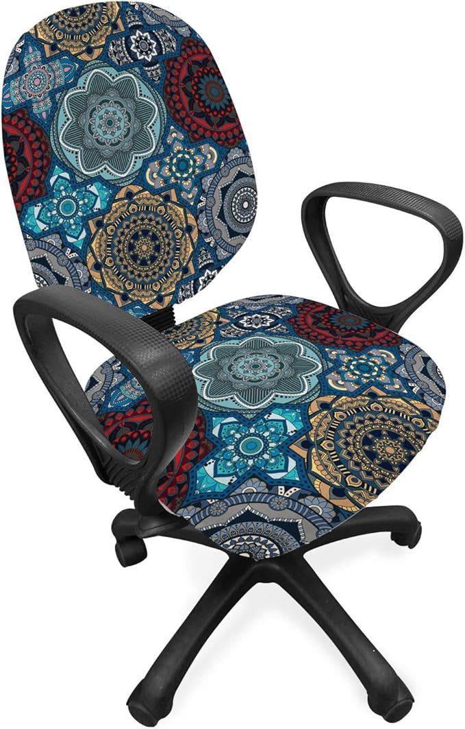 Ambesonne Moroccan Office Chair Slipcover, Patchwork Style Vintage Ottoman Inspiration Retro Motifs, Protective Stretch Decorative Fabric Cover, Standard Size, Brown Blue