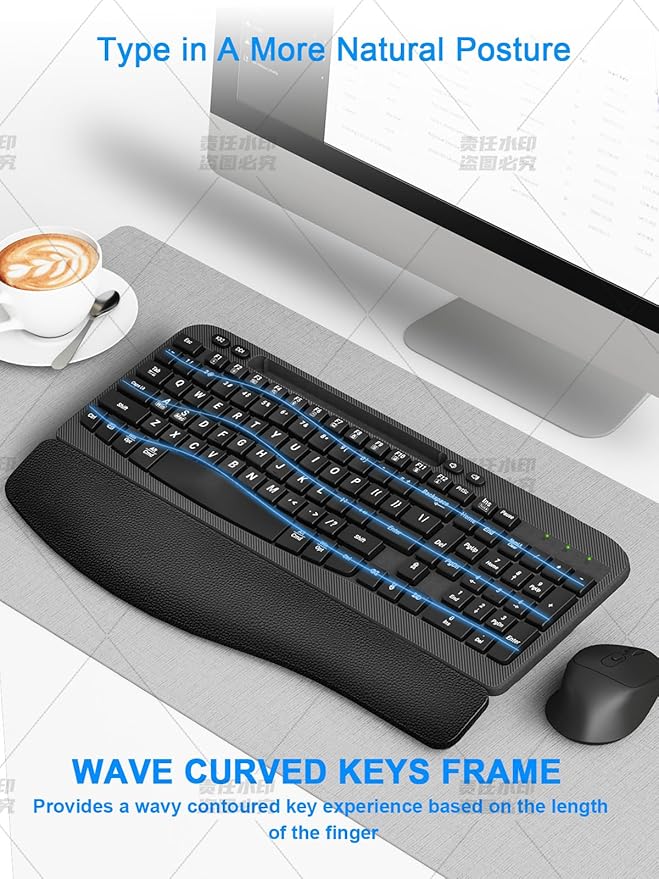 Wireless Keyboard and Mouse Combo, Wave Keys Computer Ergonomic Keyboard with Cushioned Plam Rest, Phone Holder, 2.4GHz Silent 6 Button Wireless Mouse Set for Laptop, PC, Windows, Mac (Black)