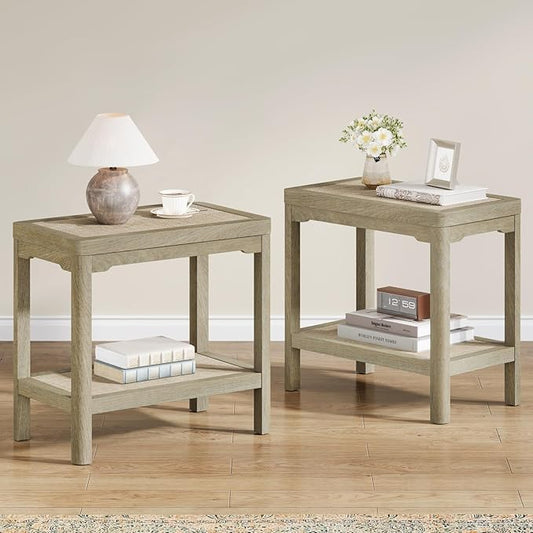 Eclatara Rattan Night Stand Set of 2 - Farmhouse 2 Tier End Table for Bedroom - Accent Side Table wtih Open Storage Shelves for Small Space Coffee Table, Light Oak