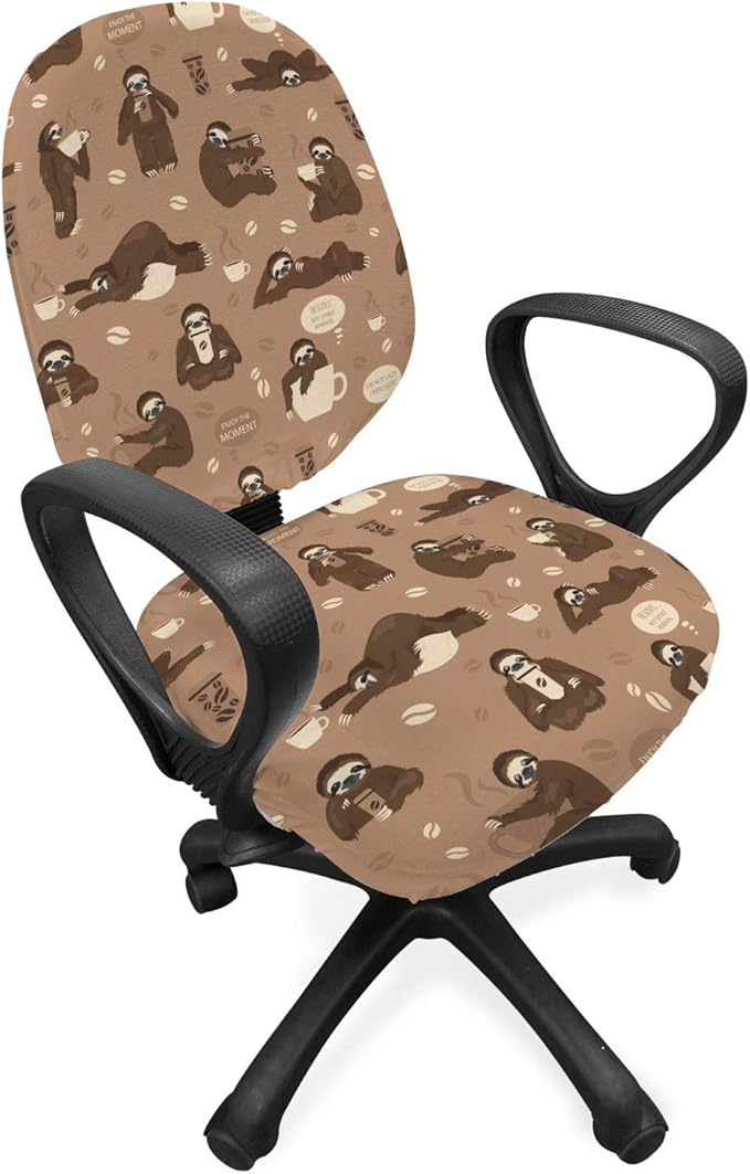 Ambesonne Funny Sloth Office Chair Slipcover, Morning Coffee Hugging Lazy Animal Various Postures Animal, Protective Stretch Decorative Fabric Cover, Standard Size, Umber Beige