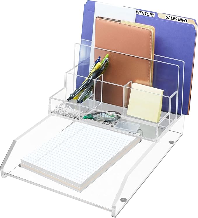 Kantek Clear Acrylic File Sorter/Desk Organizer, Multiple compartments, 2 Large File Sections, 10.5" x 7.5" x 6.7", Fits on any 10.5" Tray, Office Organizer, Desk Accessory