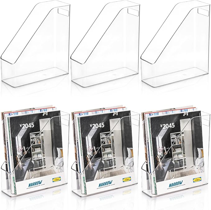 WRINGKIT 6 Pack Clear Magazine Holder, File Magazine Rack with Handle, Vertical Folder Document Storage, Magazine File Organizer for Desk, Office, Home, School