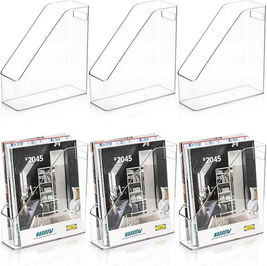 WRINGKIT 6 Pack Clear Magazine Holder, File Magazine Rack with Handle, Vertical Folder Document Storage, Magazine File Organizer for Desk, Office, Home, School