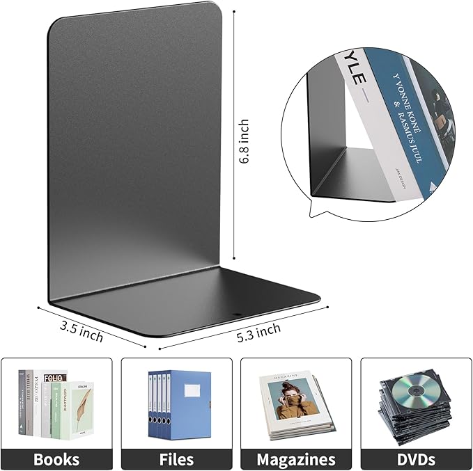 Book Ends, 8 Pieces Metal Bookend for Shelves, Bookends for Heavy Books, Book Holders for Shelves, Desk Organizers, Book Dividers for Office, School, Bookstore, Home