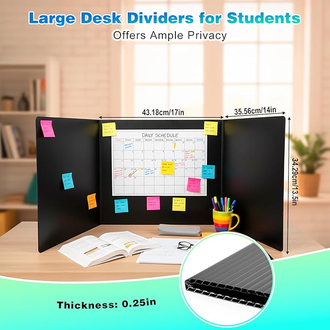 2Pack Black Desk Dividers for Student, Waterproof Plastic Privacy Folders for Classroom Students, Foldable Study Carrels Teacher Supplies, Easy-Clean Testing Dividers for Exam, Office & Library Focus