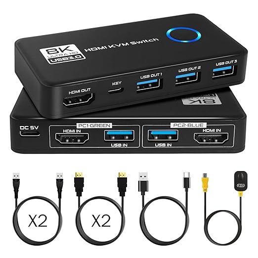 USB 3.0 KVM Switch 1 Monitor 2 Computers - 4K@120Hz 8K@60Hz HDMI 2.1 KVM Switches with 3 Ports for Sharing Monitor Keyboard Mouse Hard Drives and Printer Includes 2 HDMI & USB Cables and Controller
