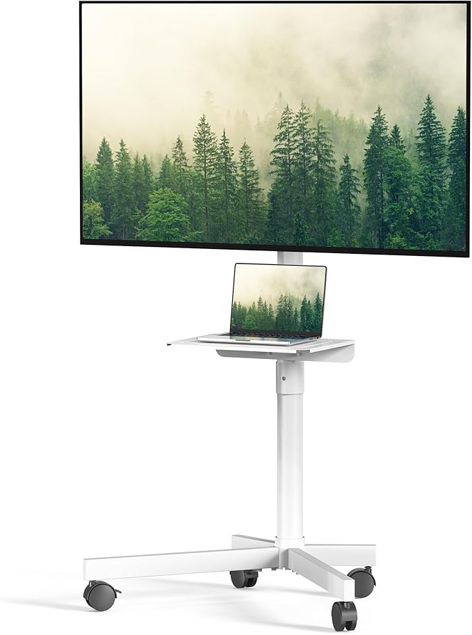 Mobile TV Cart Rolling TV Stand for 23-60 Inch LCD LED OLED Flat Curved Screens up to 88 lbs, Height Adjustable Portable TV Cart with Shelf/Wheels, Outdoor TV Stand Mount, Max VESA 400x400mm, White