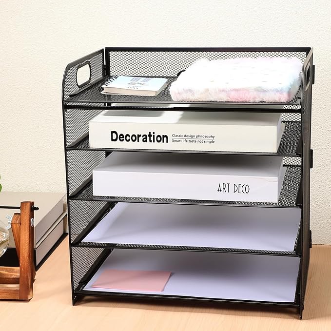 Cabilock 5 Tier Paper Organizer Letter Tray - Mesh Desk File Organizer with Handle Paper Sorter Holder for Letter/A4 Office File Folder