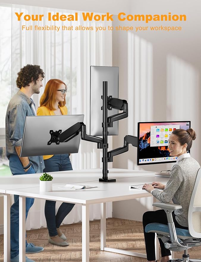 Triple Monitor Mount for 13-32 Inch Screens, Gas Spring Adjustment Triple Monitor Stand Holds 17.6lbs per Arm, Tilt, Swivel, Rotation with Clamp & Grommet Kit, Max VESA 100x100mm FORGIGN Mount