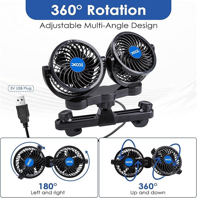 XOOL USB Dual Head Backseat Car Fan – 360° Rotatable Rear Seat Air Circulator with Stepless Speed & Adjustable Clip for Kids in SUV, Truck, RV