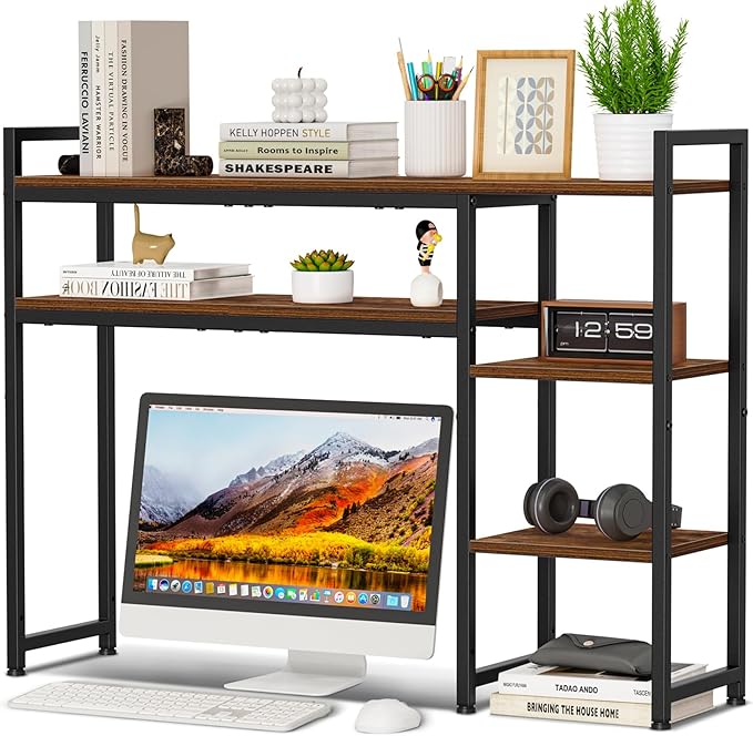 Snughome Desk Shelf, 38.6" Adjustable Desktop Organizer Shelf, Desk Hutch for Computer Monitor Stands, 4 Tier Desktop Display Rack, Wood Desktop Bookshelf Storage Rack for Home Office Dorm