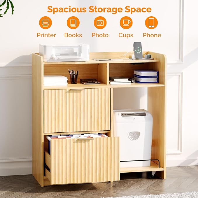 VINGLI Lateral 2 Drawer File Cabinet with Cart, Home Office Filing Organizer for Letter File Folder Storage, Fluted Design, Wood Filing Cabinet with Socket, Wide Printer Paper Shredder Stand (Oak)