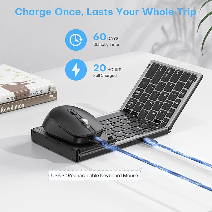 Foldable Keyboard and Mouse 2.4G Wireless + Dual Bluetooth, Portable Keyboard Mouse for Business Travel, OMOTON Rechargeable Ergonomic Design for iPad Android Tablet MacOS Windows Laptop, Space Grey