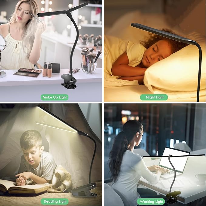 LED Reading Light with Clip, Desk Lamp 48 LEDs 2600mAh Battery USB Rechargeable Book Lights Stepless Adjustable Brightness Eye Protection Table Lamps for Bed Headboard, Home, Office - Black
