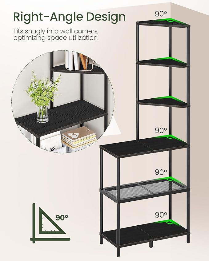 CHOEZON 6-Tier Corner Shelf, Industrial Corner Bookshelf with Desk Top, Diamond-Shaped Storage Shelves, Display Stand for Small Spaces, Living Room, Home Office, Foyer, Black TCJ70BB
