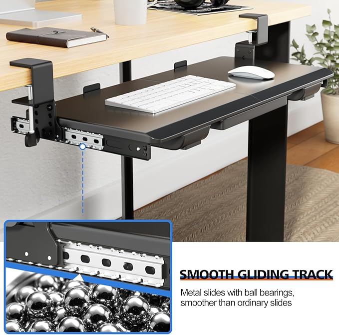 Large Height Adjustable Keyboard Tray with Sturdy C-Clamp Mount and Storage Drawer, 27"(31"Including Clamps) x 12" Slide Out Ergonomic Keyboard Trays for Home and Office, Black