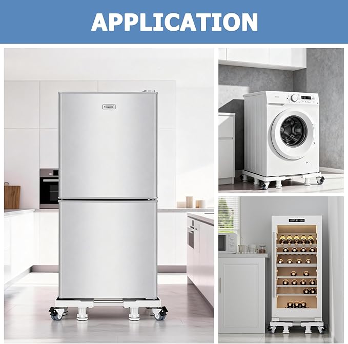 Mini Fridge Stand With 4 Locking Swivel Wheels & 4 Strong Feet Double Fixed Rods Heavy-Duty Washing Machine Stand Adjustable Appliance Dolly Mover Mobile Base Laundry Pedestal For Washer, Dryer, White