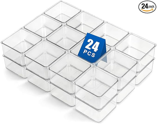 Hudgan 24 Pcs Small Drawer Organizer BinsSet, Stackable Drawer Divider Trays for Makeup Vanity, Bathroom, Office Desk, Straight Sides Tray Perfect for Craft Supplies, Cosmetics
