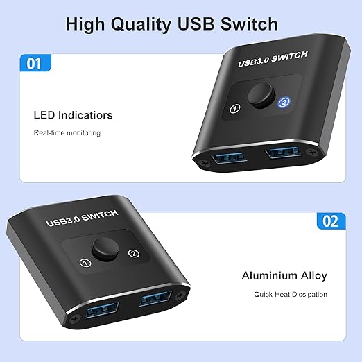 USB 3.0 Switch, Bi-Directional USB Switcher 2 in 1 Out/1 in 2 Out, Aluminum USB Switch 2 Computers Share 1 Device for Printer, Mouse, Keyboard, with 2 USB 3.0 Cables