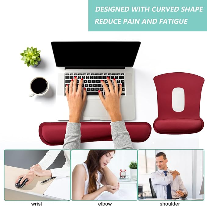 Keyboard Wrist Rest Pad Mouse Pad with Wrist Support Set of 3, Gaming Mousepad with Non-Slip Rubber Base, Ergonomic Memory Foam Mouse Cushion Support for Home Office Laptop Computer, Red