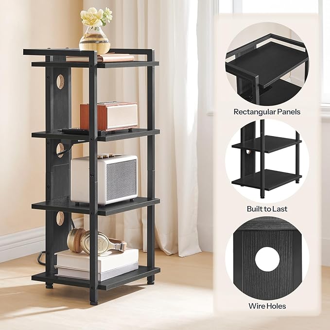 HOOBRO 4-Tier AV Media Stand with Charging Station and LED Light, Wooden Stereo Stand, Rack Audio Tower, Corner TV Stand, Entertainment Device, Black BB38UDCJ01