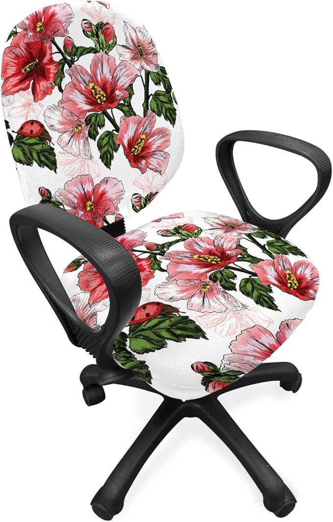 Ambesonne Ladybugs Office Chair Slipcover, Exotic Flowers Hibiscus Hawaiian Foliage Illustration Botany Spring Blossom, Protective Stretch Decorative Fabric Cover, Standard Size, Coral Green
