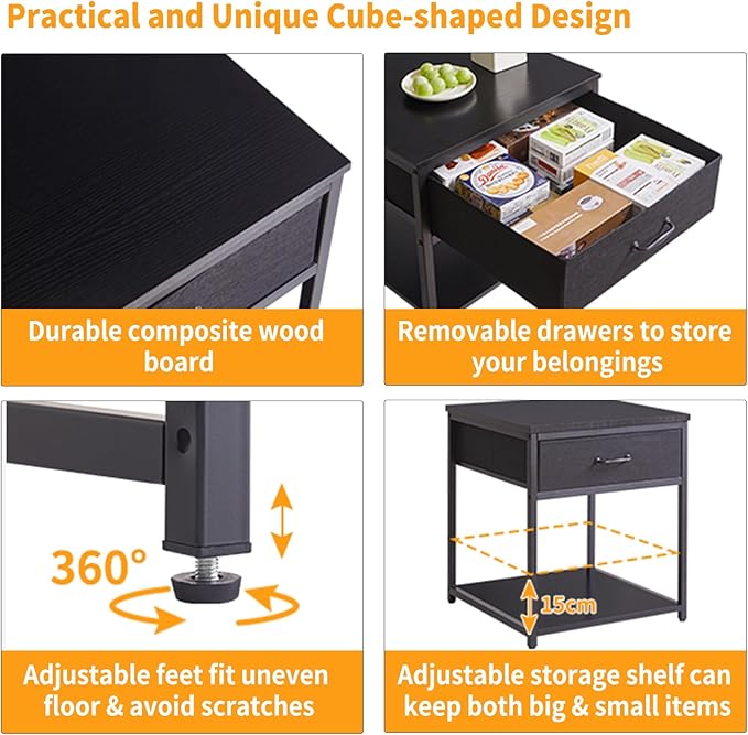 Aibiju Adjustable Side Table with Drawers, Refrigerator Table,Square Coffee Table, Large Printer Stand, End Table Black YD-TM156B